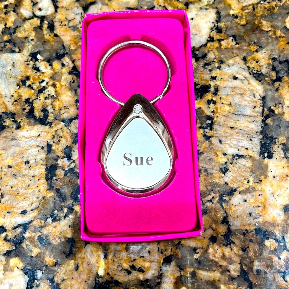 Keychain name Sue gold color crystal stone NEW